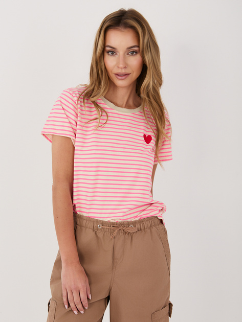 Fluo różowo-beżowy damski t-shirt z bawełny