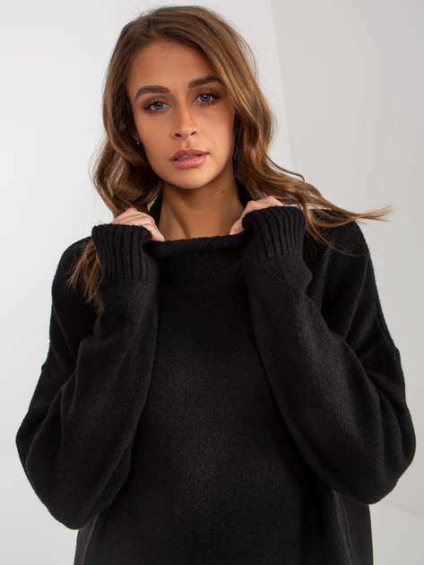 Hurtownia Czarny damski sweter oversize z półgolfem