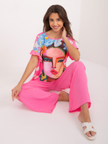 Hurt Różowy damski komplet letni z falbankami