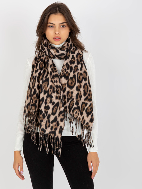 Hurt Beżowo-czarny szal damski w cętki