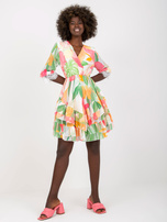 Hurt Różowo-zielona kopertowa sukienka z falbanami i printem