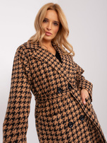 Hurt Camelowo-czarny długi płaszcz z paskiem