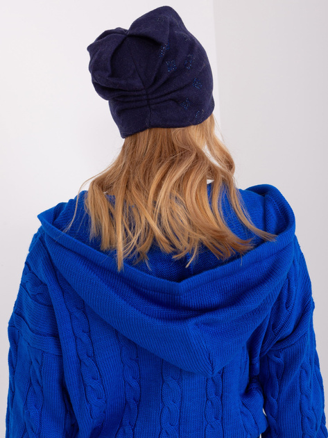 Hurt Granatowa damska czapka zimowa z dżetami