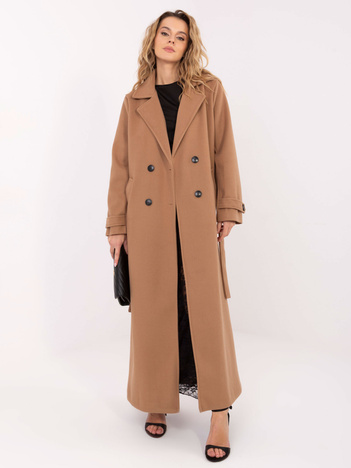 Camelowy długi płaszcz z zapięciem na guziki