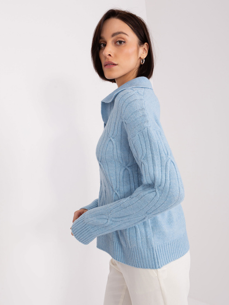 Hurt Jasnoniebieski sweter z warkoczami i kołnierzem