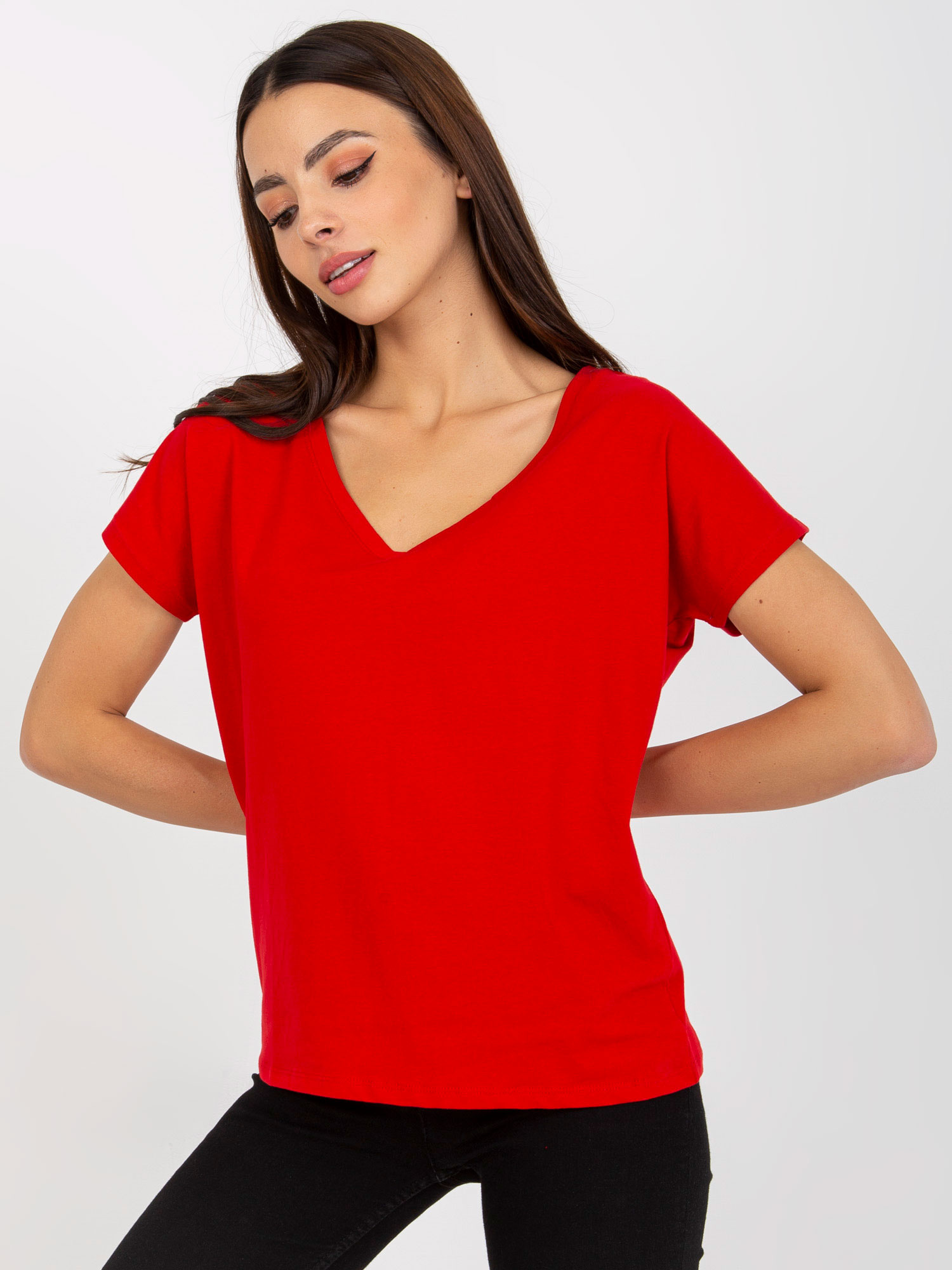 Hurtownia Czerwony damski t-shirt basic z bawełny 