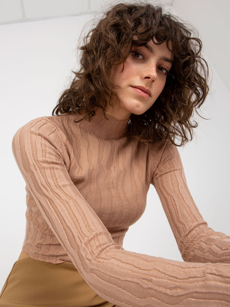 Hurt Ciemnobeżowy dopasowany krótki sweter ze stójką