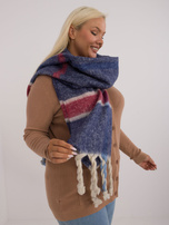 Hurt Granatowy szal damski w kratę z długimi frędzlami