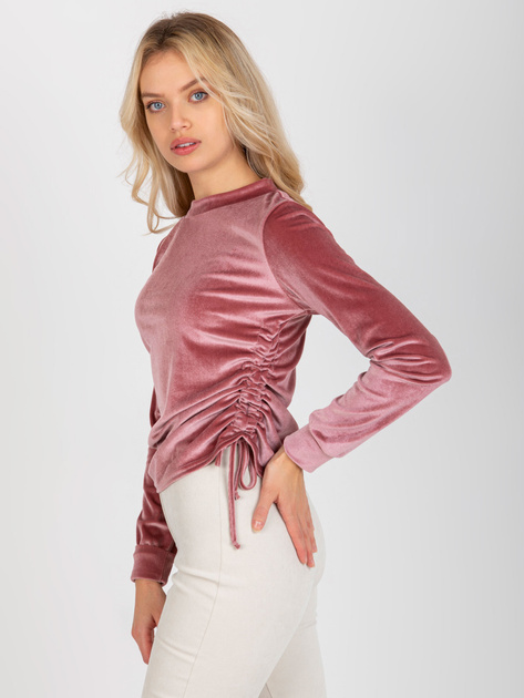 Hurt Brudnoróżowa krótka bluzka welurowa z okrągłym dekoltem