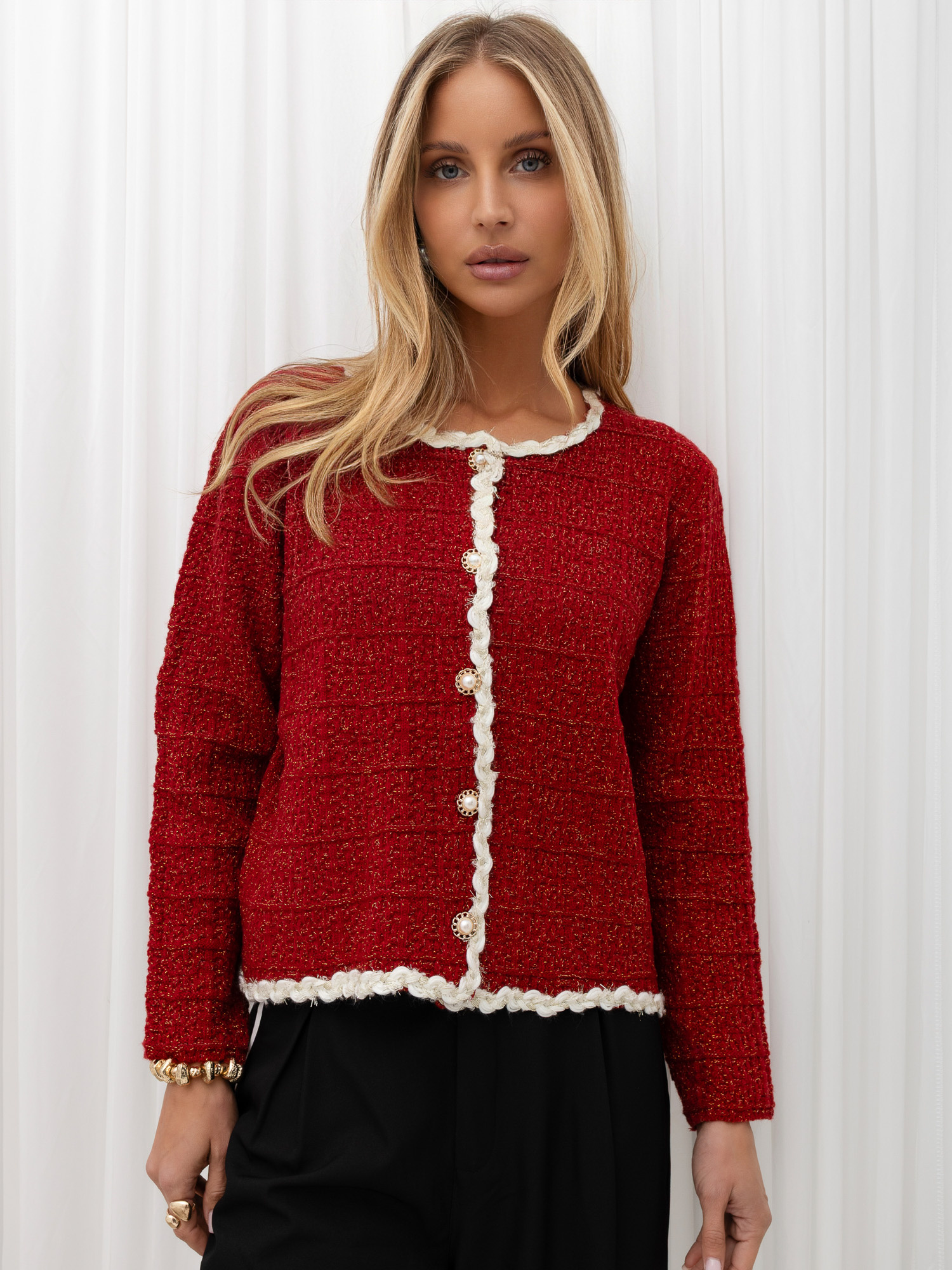 Red tweed blazer-style cardigan.