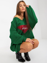 Hurtownia Ciemnozielona długa bluza oversize z aplikacją