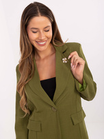 Oliwkowa damska marynarka z broszką RUE PARIS 