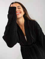 Hurt Czarny długi kardigan z paskiem wiązanym RUE PARIS 