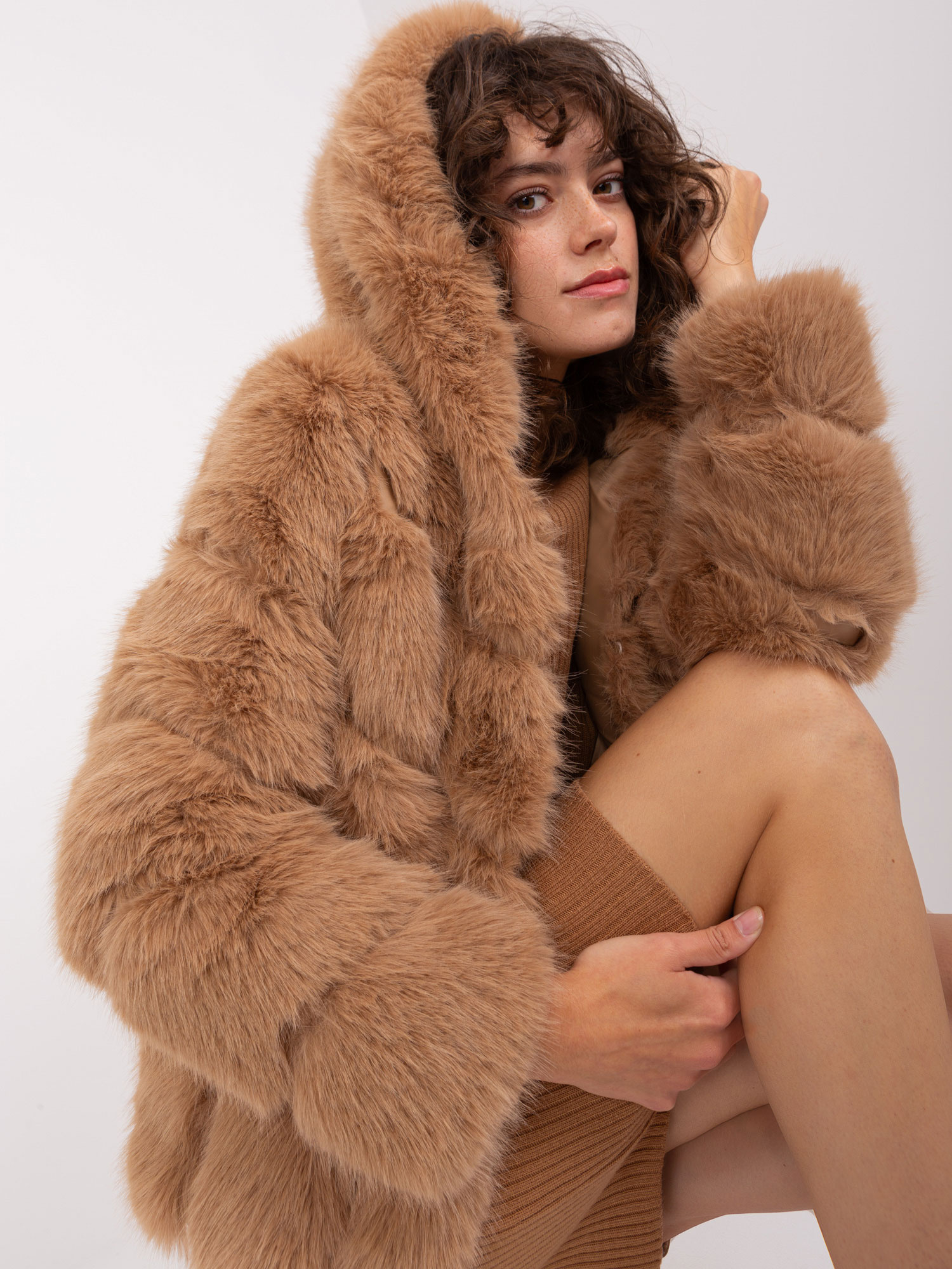 Hurt camel fur transitional jacket with hood.