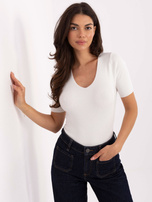 Ecru prążkowany sweter z dekoltem V