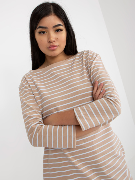 Hurt Beżowo-biała sukienka basic z kieszeniami RUE PARIS