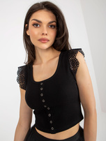 Hurt Czarna prążkowana bluzka z koronką przy rękawach