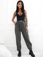 RUE PARIS Khaki corduroy carrot pants with a belt.