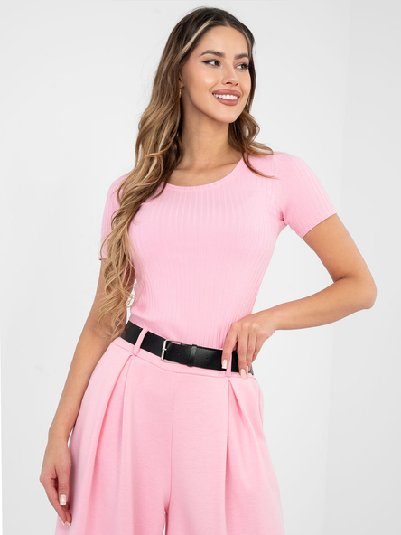 Jasnoróżowa bluzka basic z krótkim rękawem RUE PARIS