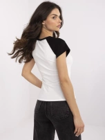 Ecru-czarny damski t-shirt z bawełny 