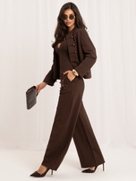 Brown suit with decorative double-breasted fastening.