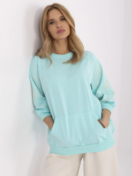 Miętowa damska bluza kangurka z rękawem 3/4 RUE PARIS 