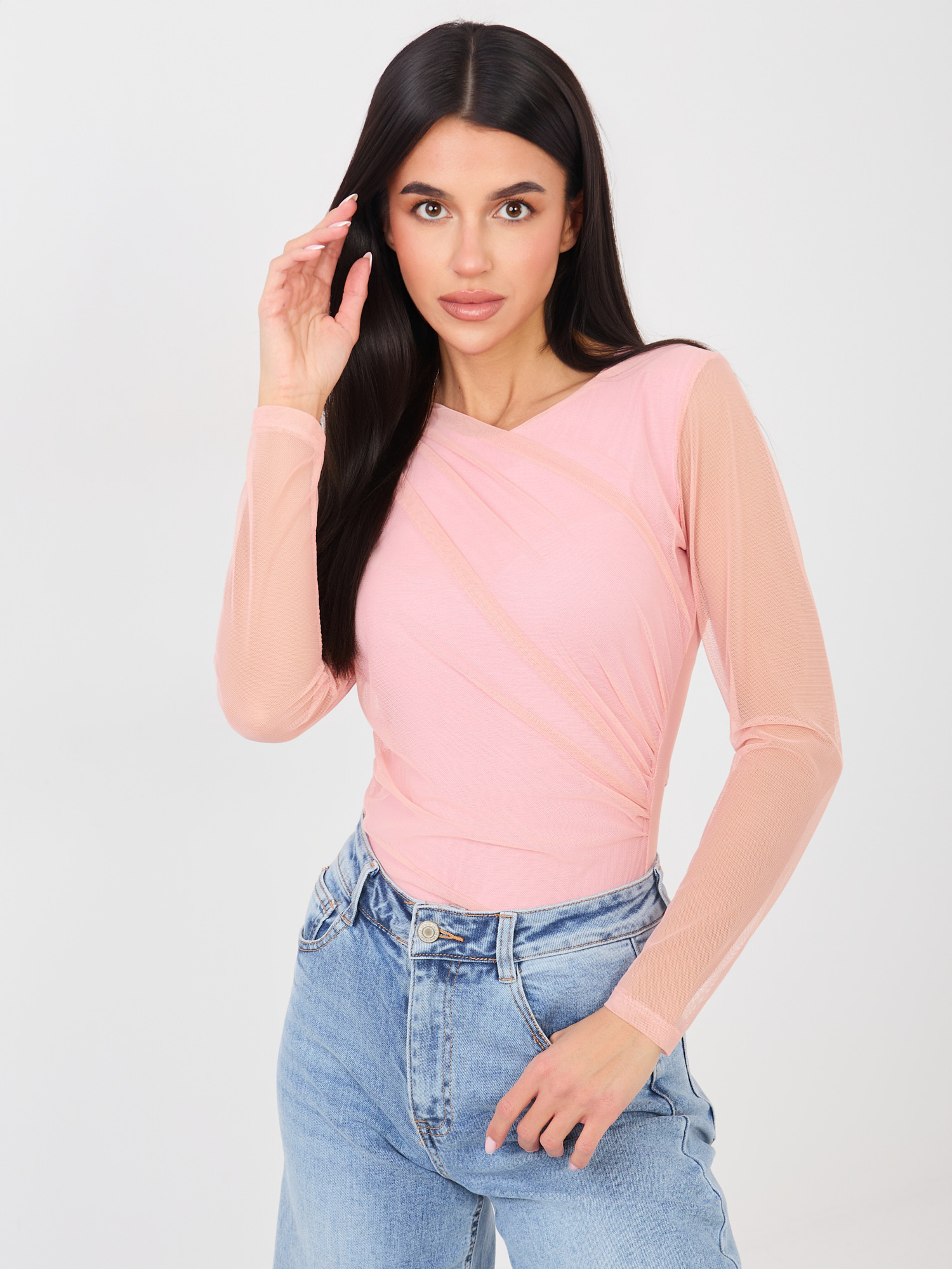 Helle rosa Damenbody mit Raffung.