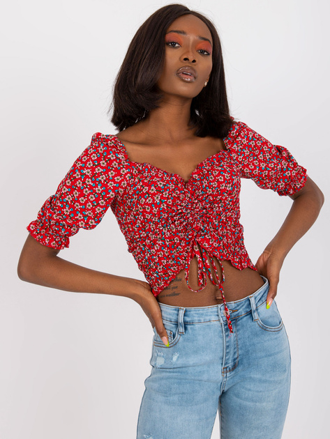 Czerwona krótka bluzka w kwiaty z marszczeniem RUE PARIS