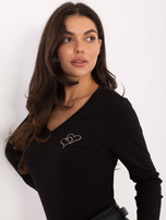 Czarna prążkowana bluzka z haftem RUE PARIS