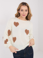 Ecru damski sweter oversize w serca 