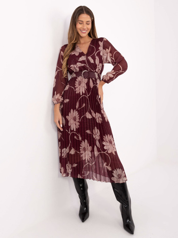 Bordowa plisowana sukienka w kwiaty