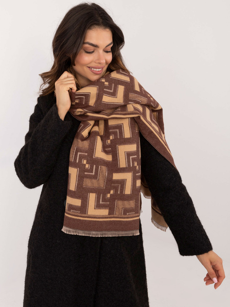 Hurt Brązowo-camelowy damski szal z frędzlami