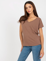 Hurt Brązowy t-shirt basic z dekoltem w serek