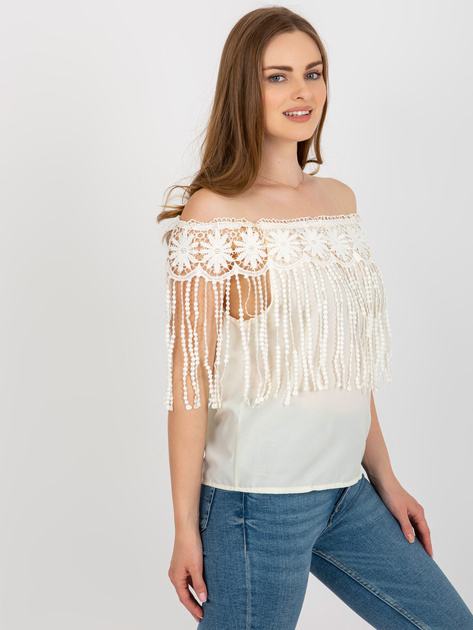 Hurt Jasnobeżowa letnia bluzka hiszpanka z koronką