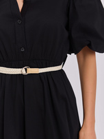 Black flared dress with a V-neck.