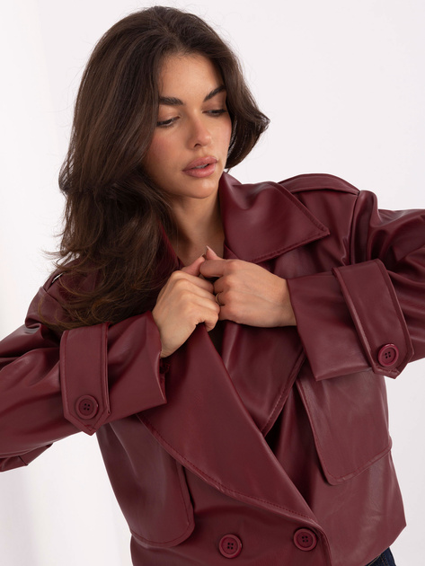 Bordowy dwurzędowy płaszcz z ekoskóry RUE PARIS