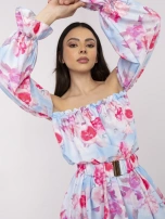 Niebiesko-różowa sukienka hiszpanka z paskiem