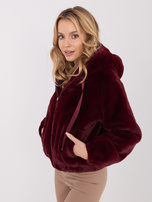 Bordowa futrzana kurtka z kapturem