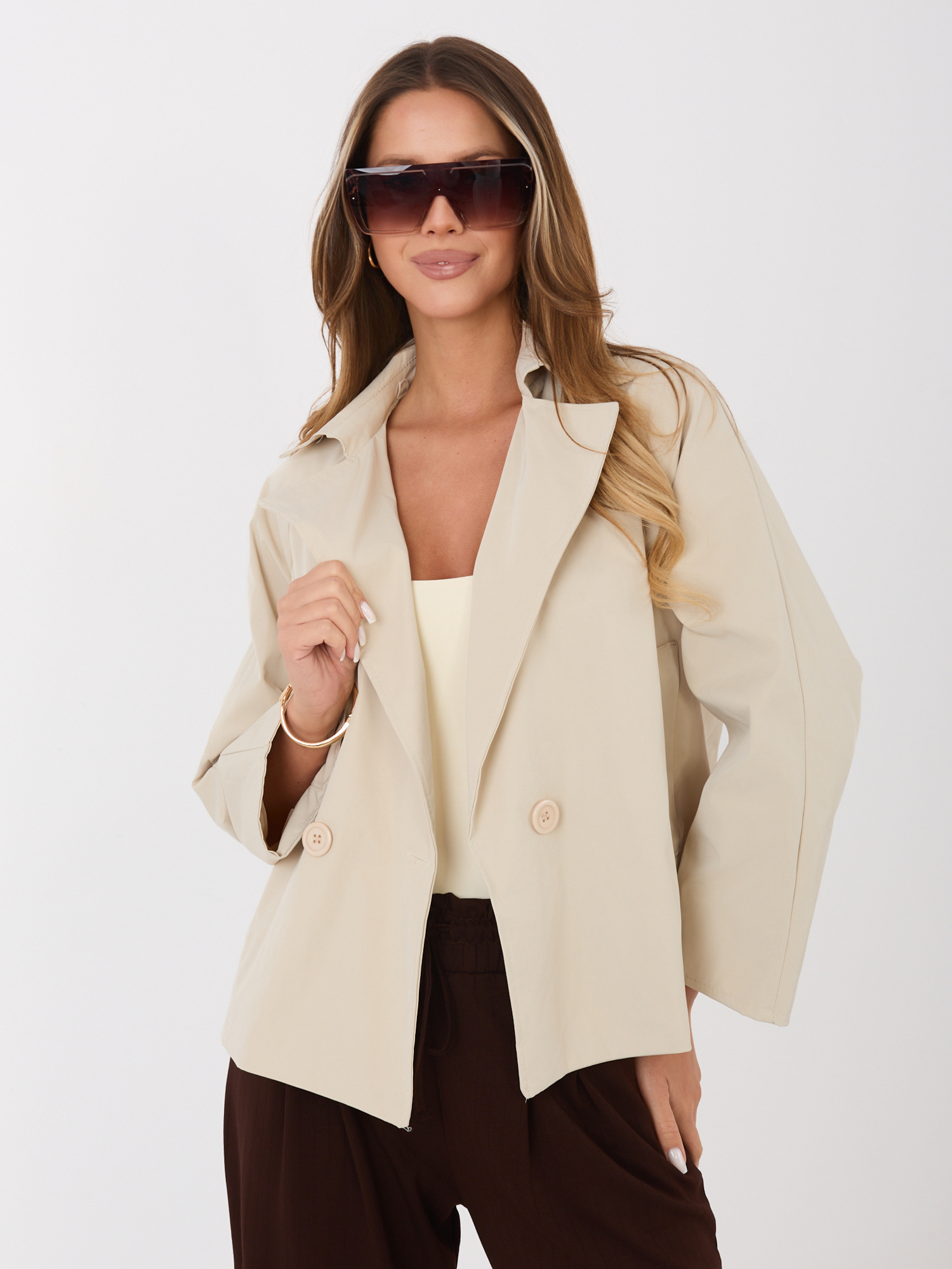 Beżowy przejściowy płaszcz z kieszeniami RUE PARIS 