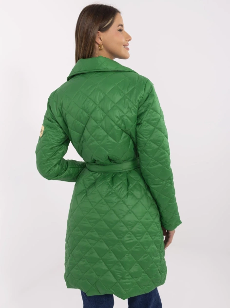 Hurt Zielony pikowany płaszcz damski z paskiem