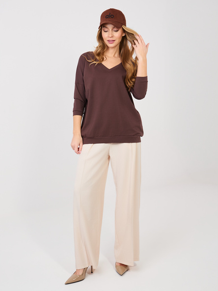 Czekoladowa bluzka basic z dekoltem na plecach RUE PARIS