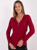 Bordowa prążkowana bluzka z dekoltem V RUE PARIS