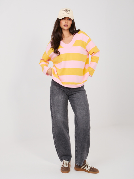 Różowo-żółta kolorowa bluza oversize z dekoltem V