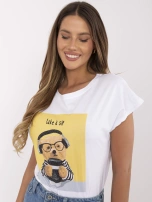 Biało-żółty damski t-shirt z nadrukiem misia