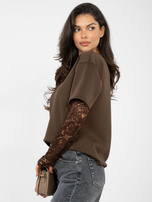 Czekoladowa damska bluzka oversize z koronką