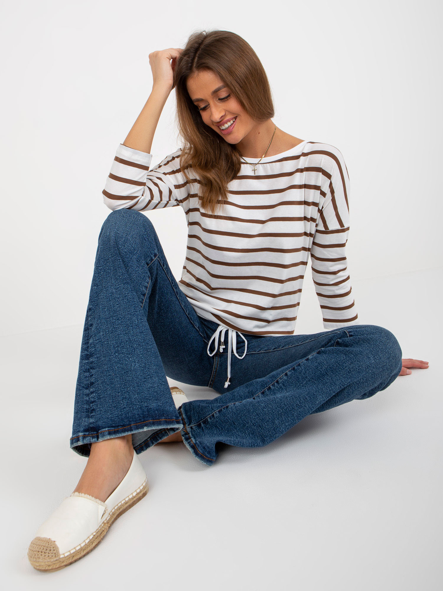 Ecru-brązowa bluzka w paski z rękawem 3/4 BASIC FEEL GOOD