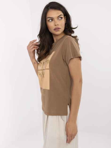 Jasnobrązowy damski t-shirt z bawełny