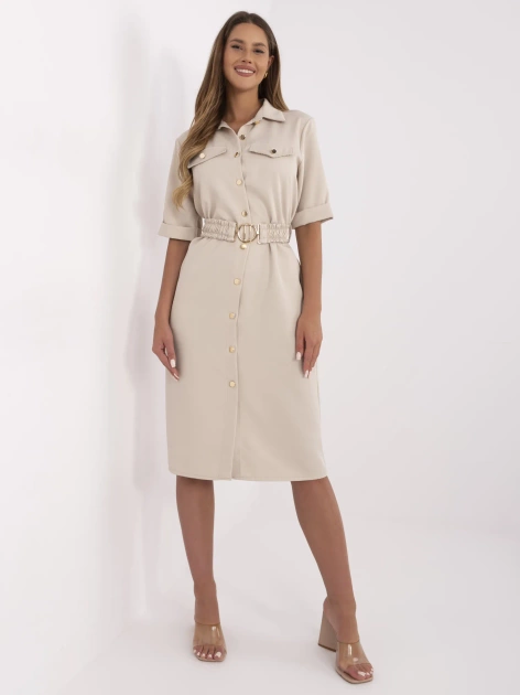 Beżowa koszulowa sukienka z paskiem