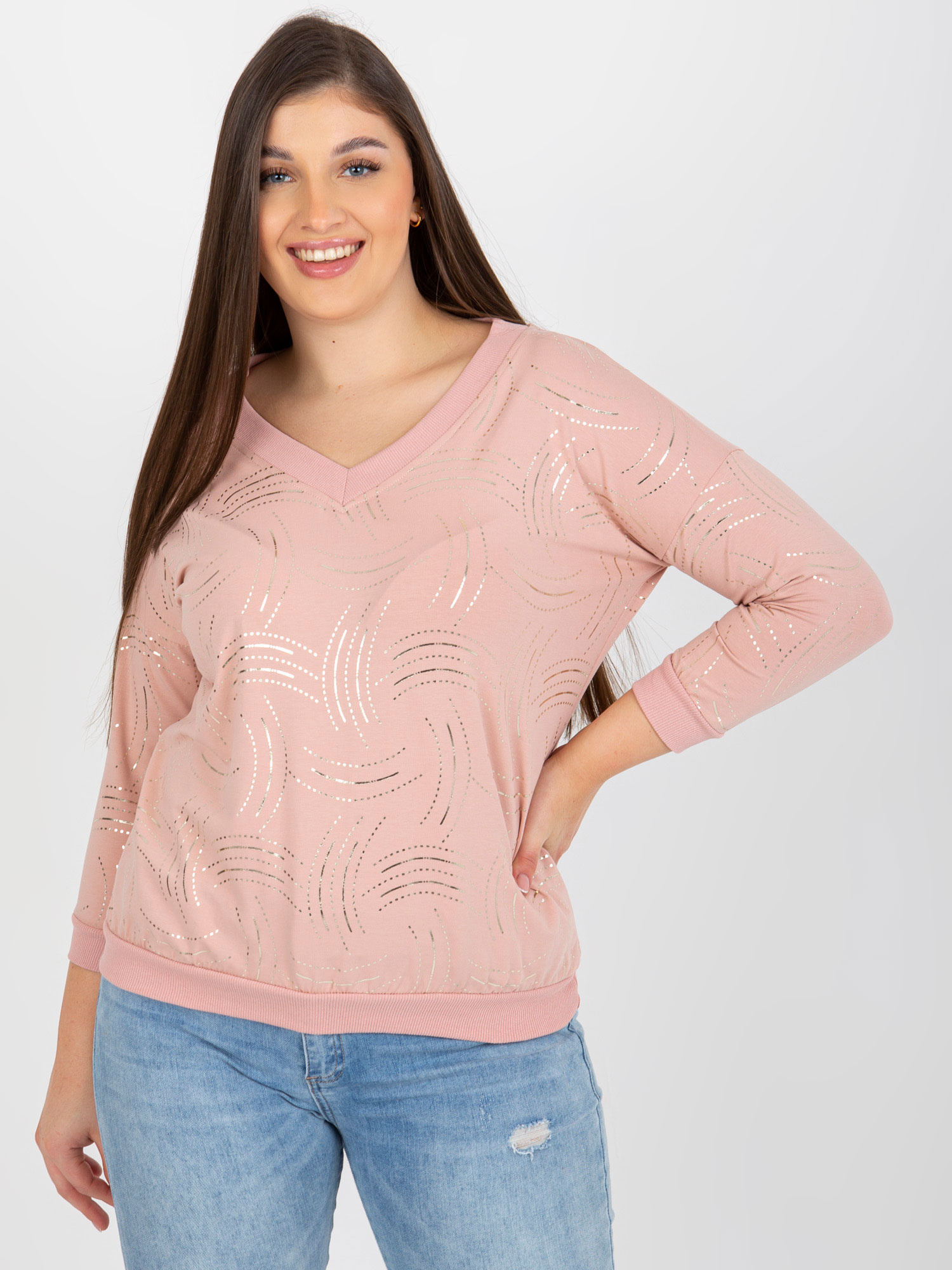 Jasnoróżowa damska bluzka plus size z rękawem 3/4