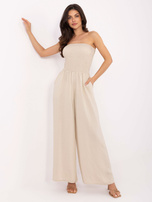 Beige bandeau jumpsuit with pockets.